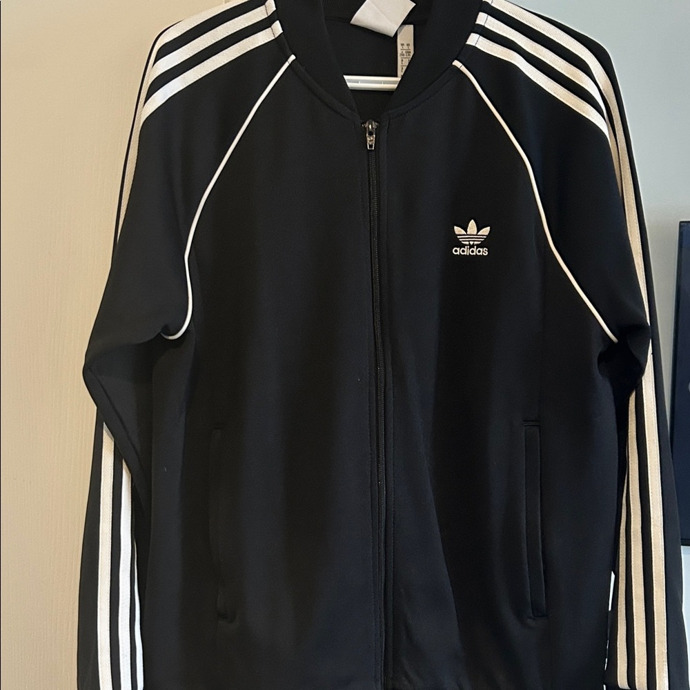 Adidas Men's Black Super Star Bomber Jacket with White Stripes
